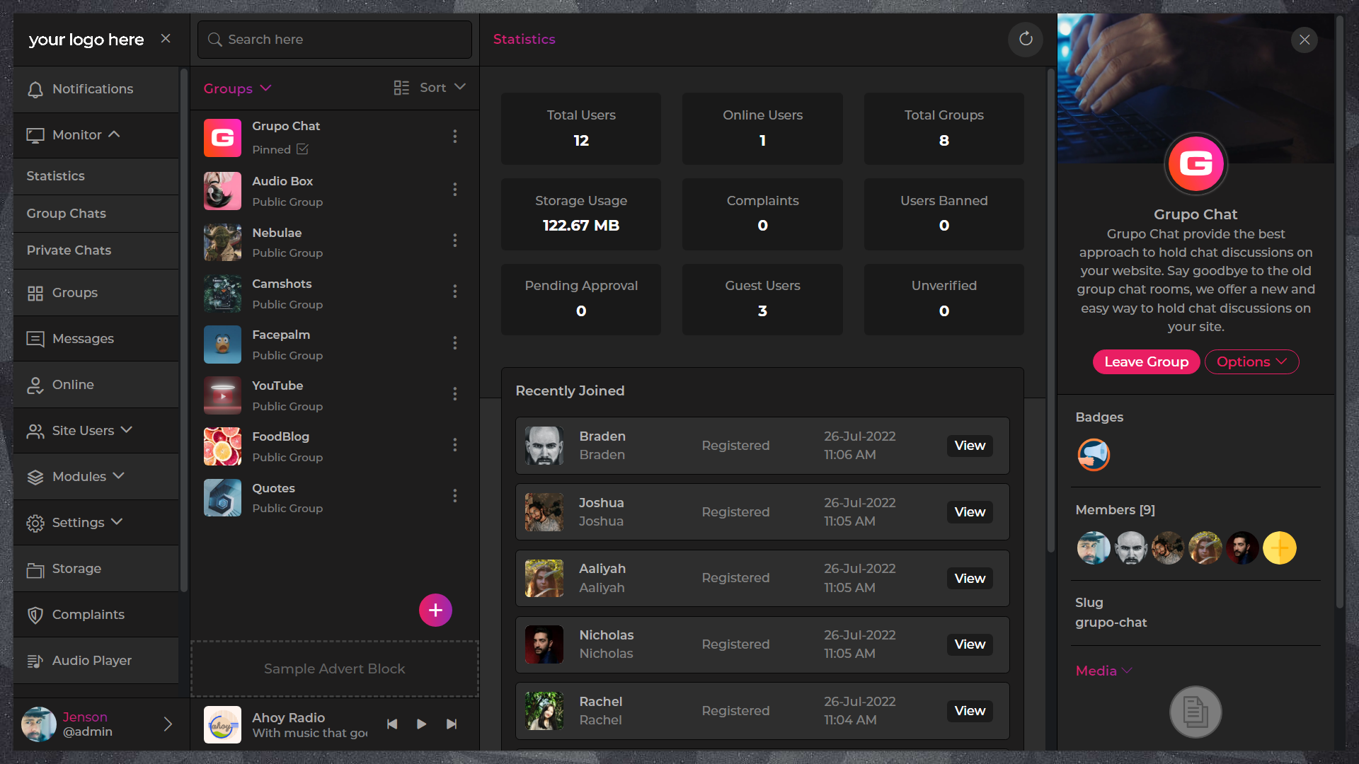 Grupo Chat - Chat Room & Private Chat - Video Chat & Audio Chat - AI Chat - PHP Group Chat Code